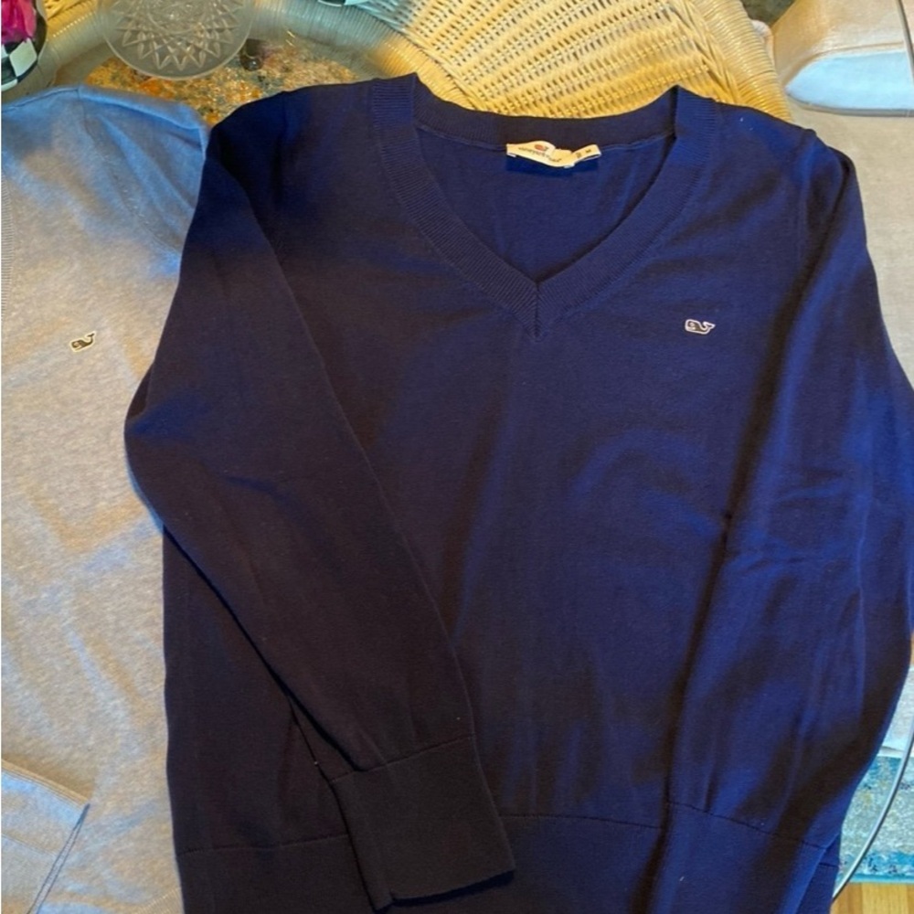 Vineyard Vines V Neck Cotton Sweaters Pair Medium Navy & Sky Blue EUC